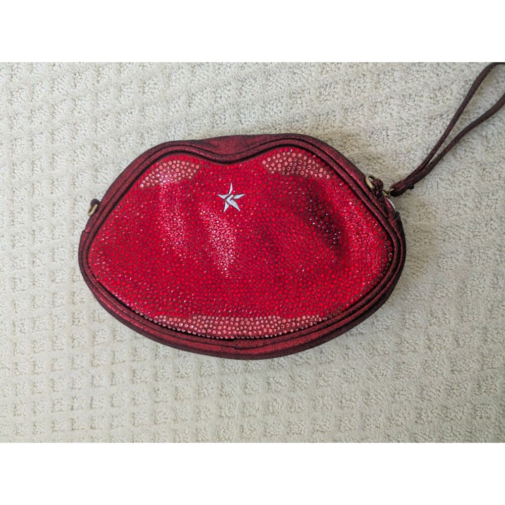 Rebel Athletic Red Pink blinged lips purse clutch bag rhinetones cheer dance